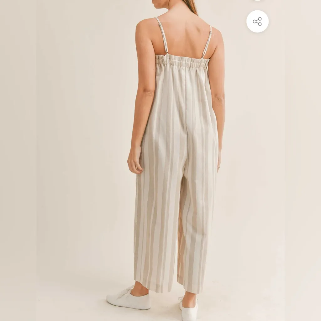 MABLE AILANI WILD LEG JUMPSUIT Linen Cotton Pocket Boho Striped Beige Tan Taupe - Image 4