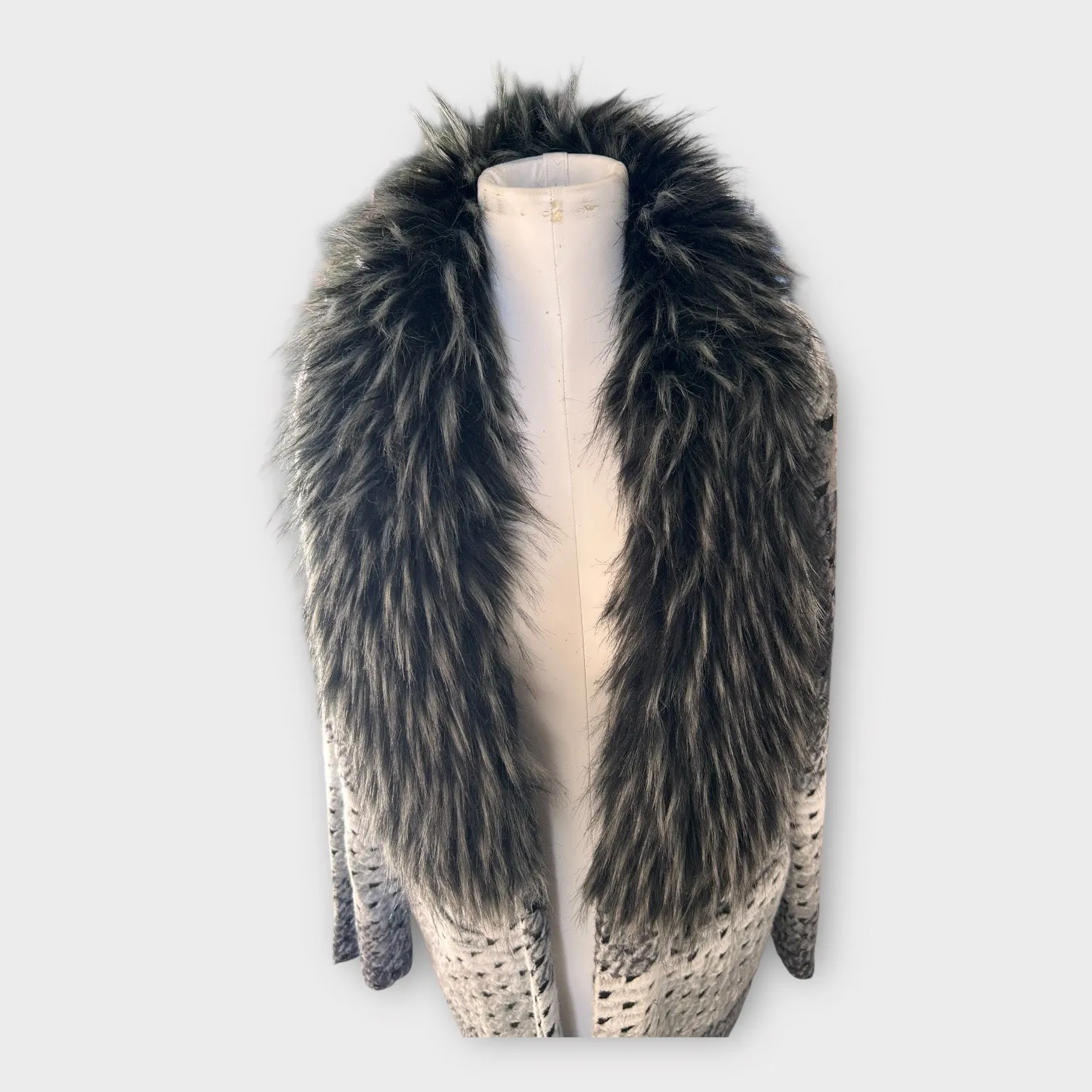 Donna Salyers Fabulous Furs Knit Cardigan Coat Faux Fur Collar Gray Black XL - Image 7