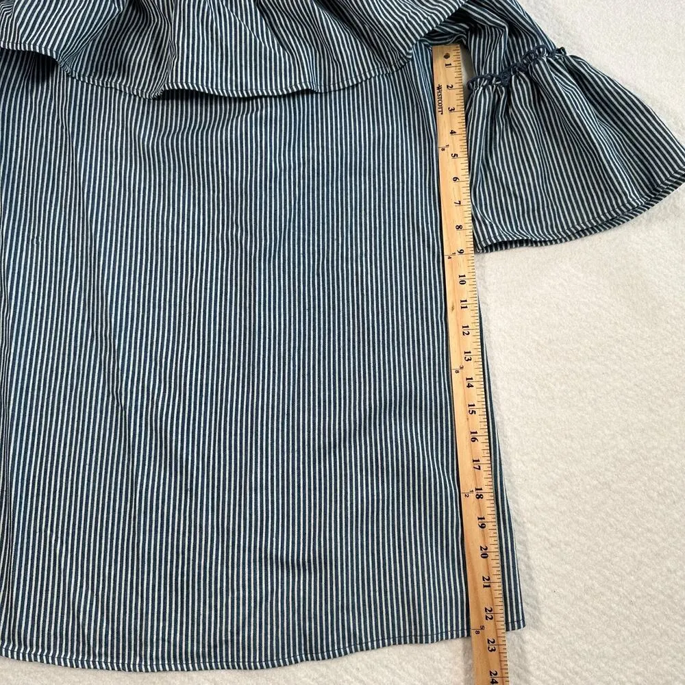 Flying Tomato Off Shoulder Tunic Women's Large Blue/White Chambray Ruffle Top - Image 6