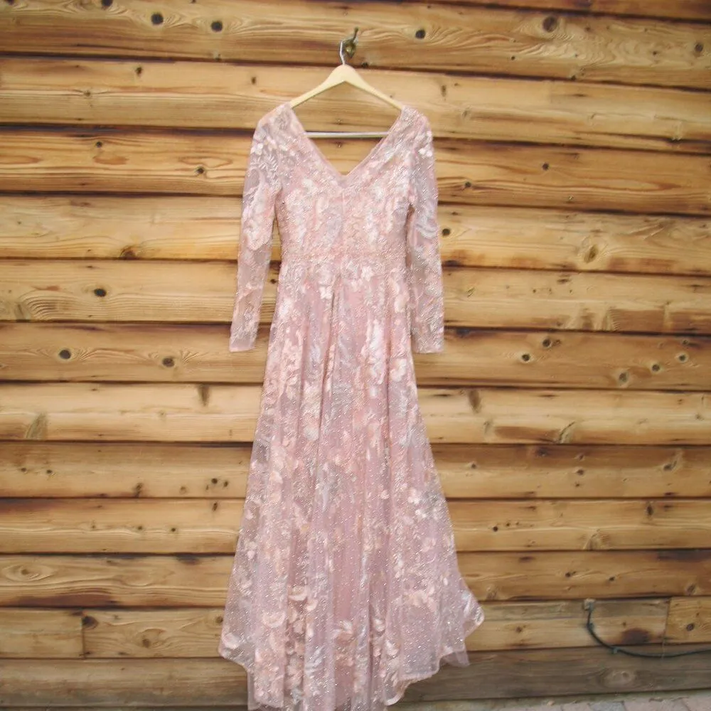 MAC DUGGAL  20214 Pink Embellished Long Sleeve V Neck A Line Gown - Image 10