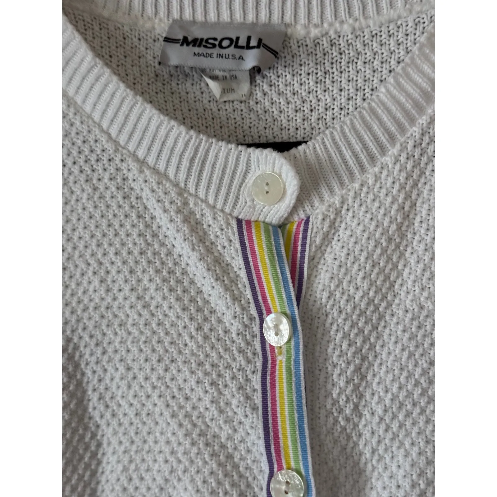 Misolli White Knit Cardigan Rainbow Stripe Button Down Sweater M waffle knit Size M - Image 2