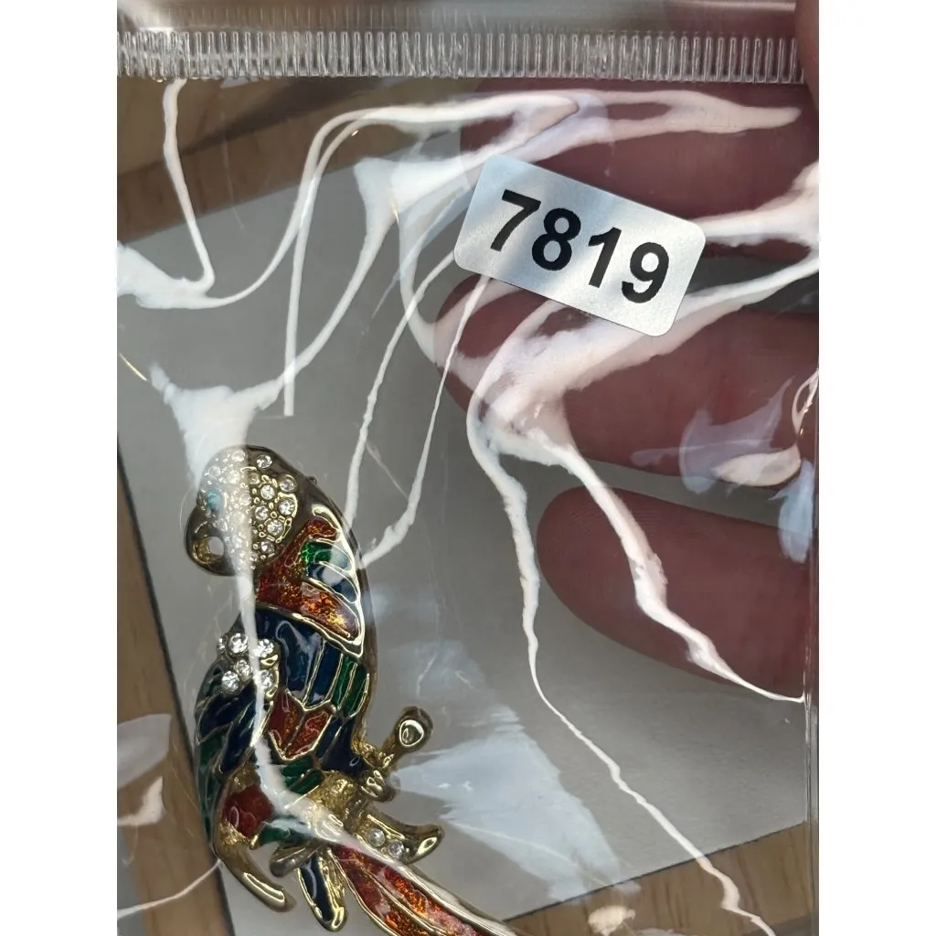 Vintage Gold Tone Parrot Brooch With Rhinestones & Colorful Enamel 3" Long - Image 6