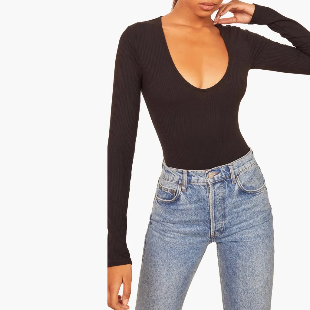 Reformation Indie Long Sleeve Bodysuit XL Ribbed Black Minimalist Tencel Fitted - Image 9