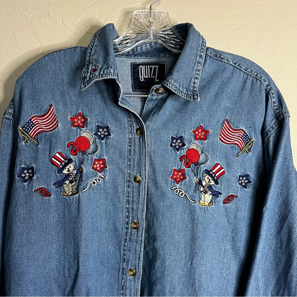 Vintage Quizz Patritoic 4th of July American Embroidered Denim Button Down Shirt Blue Size XL - Image 3