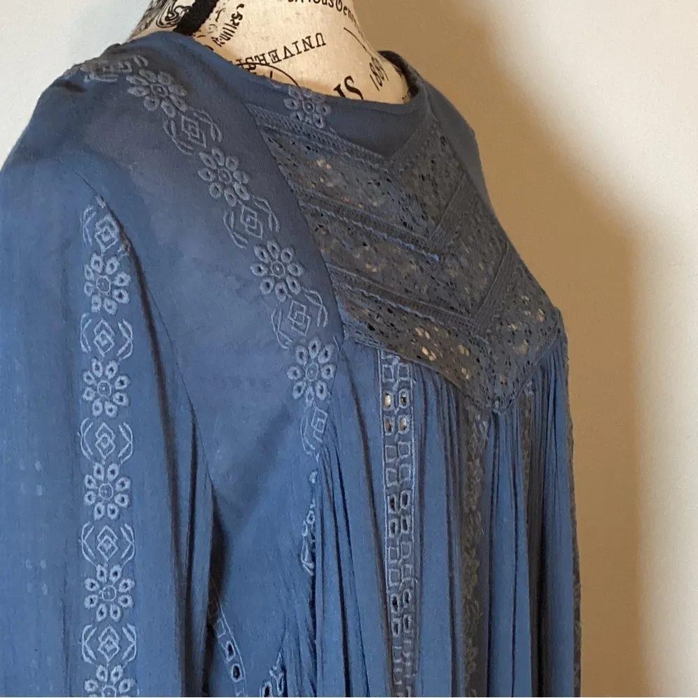 FREE PEOPLE KISS KISS EMBROIDERED BOHO Lace Tunic/Dress DENIM BLUE SIZE S/P - Image 10