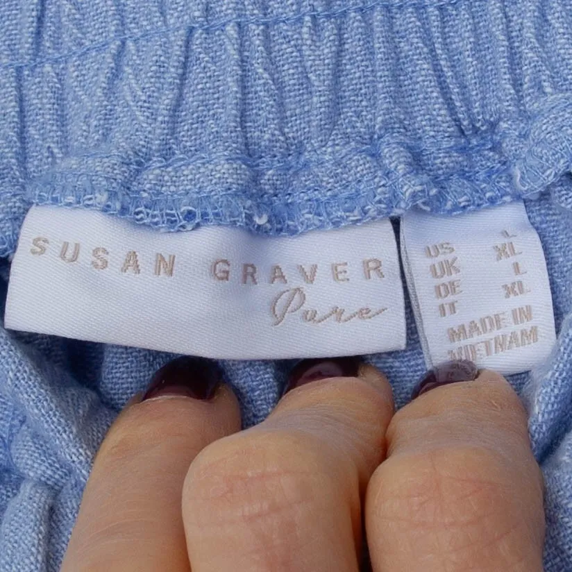 Susan Graver Pure Womens Blue Linen Blend Wide Leg Cropped Pants L Elastic Waist - Image 5