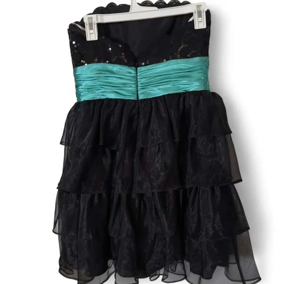 David's Bridal Black Teal Strapless Tiered Ruffle Sequin Dress Size 12 - Image 2