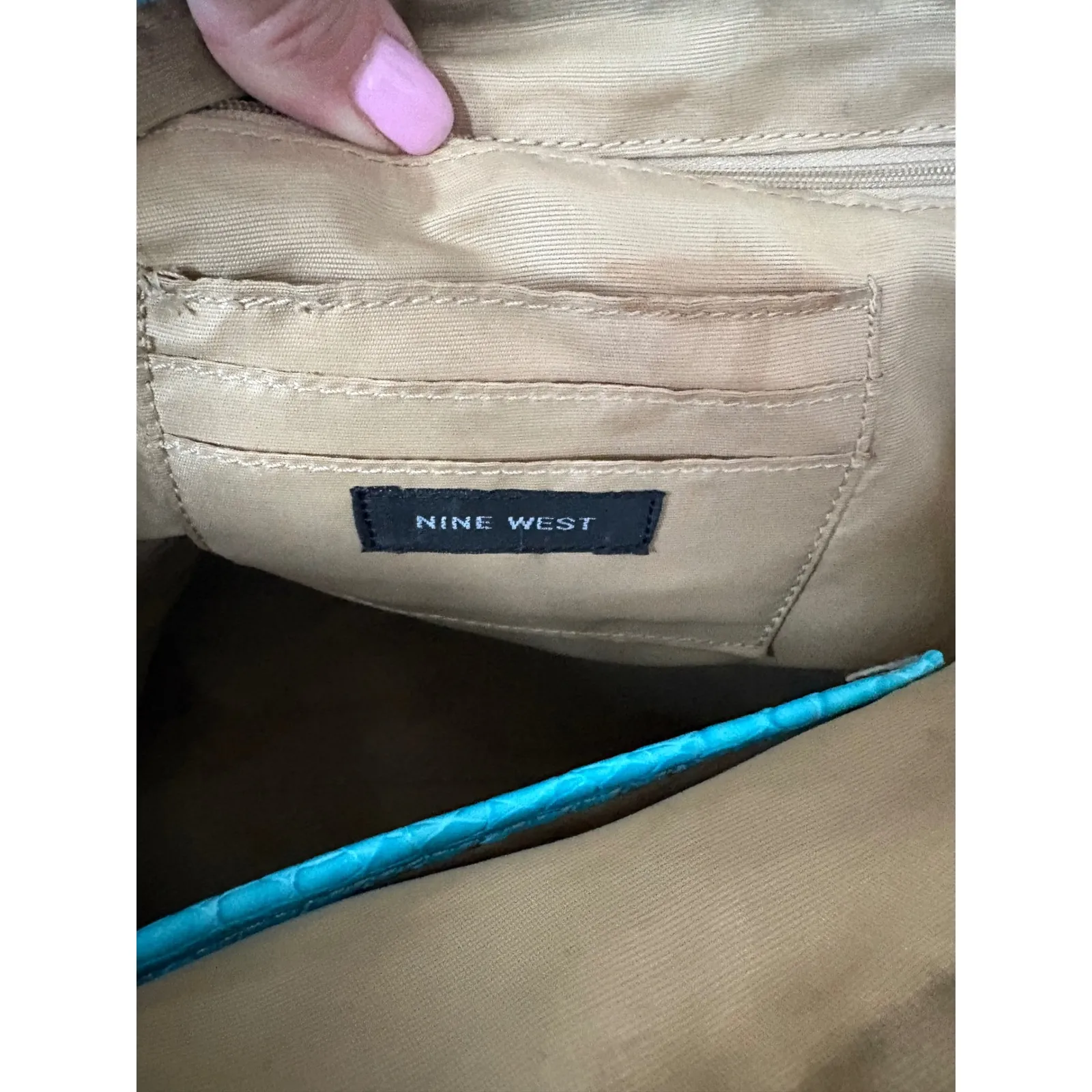 Vintage Teal Blue Tote Bag with Crocodile Embossed Pouch Purse‎ Satchel Travel - Image 11