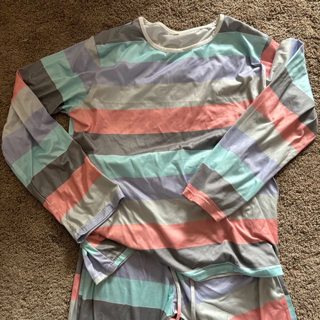 2 Piece Multicolor Striped Color Block Women’s Pajama Set Pink Size M - Image 2
