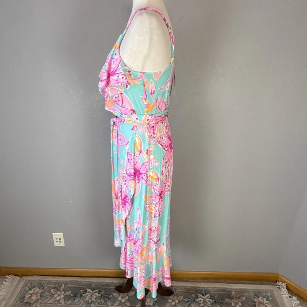 Lilly Pulitzer Womens Fontaine Wrap Dress Size M Bonita Blooms Surf Blue Jersey - Image 4