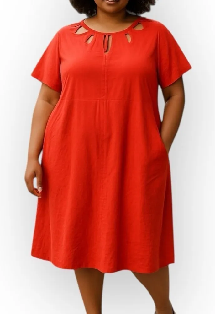 Ashley Stewart Plus Size 24 Reddish Orange Linen Cutout Knee Length Party Dress - Image 1