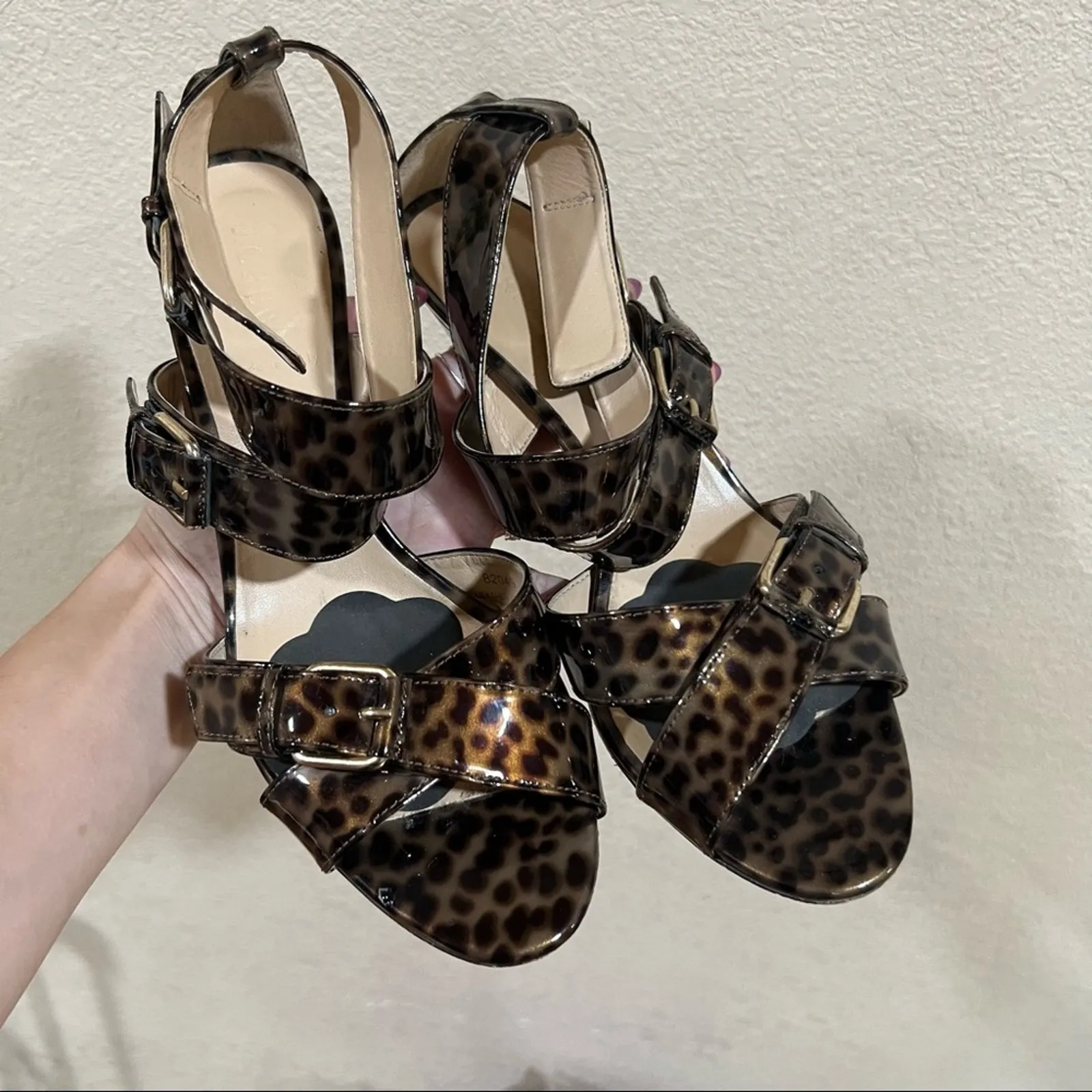 J. Crew Collection Patent leather leopard cheetah crossed buckle straps heels - Image 3