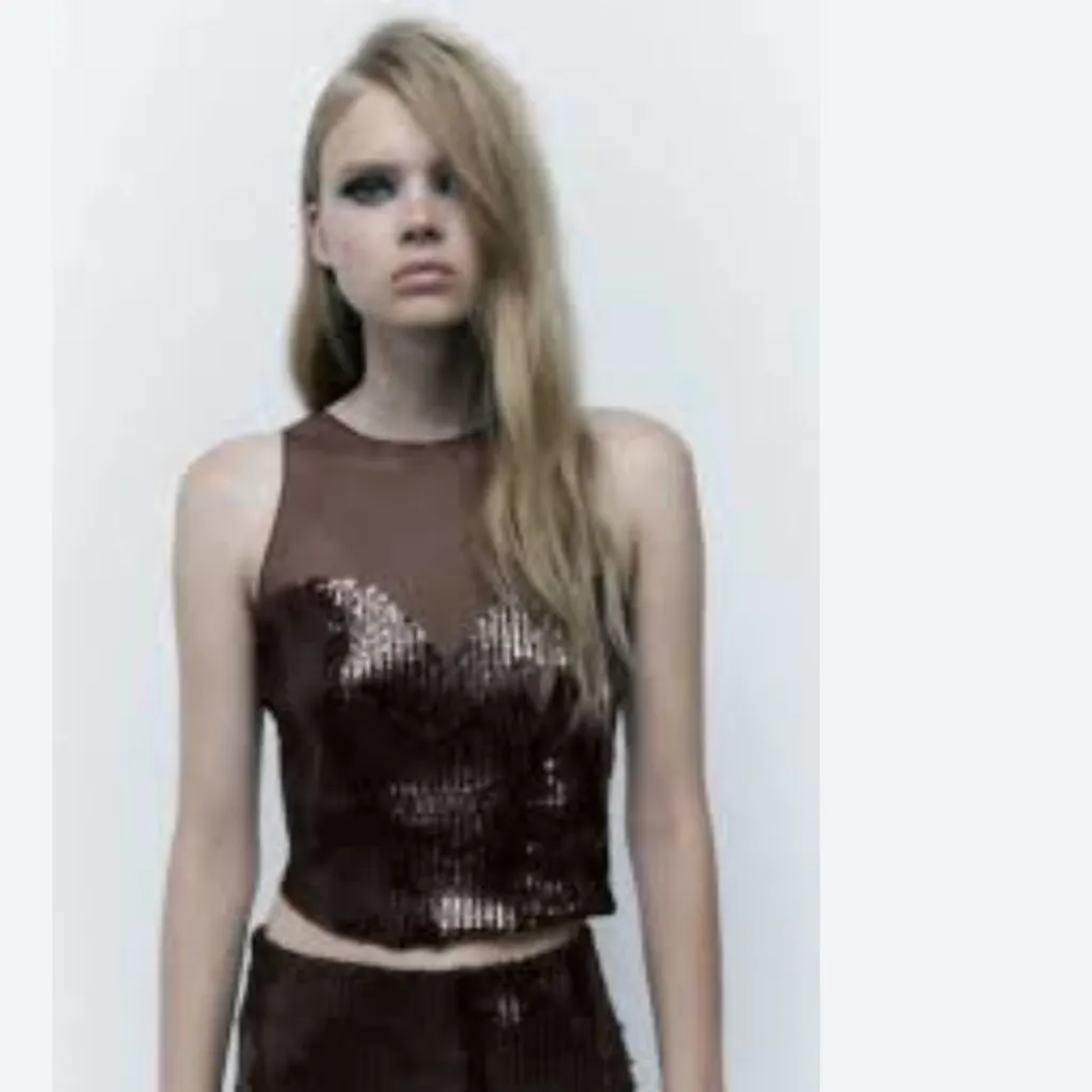 NWOT  ZARA TULLE CROPPED TOP WITH SEQUINS Dark brown | 0219/115 - Image 3