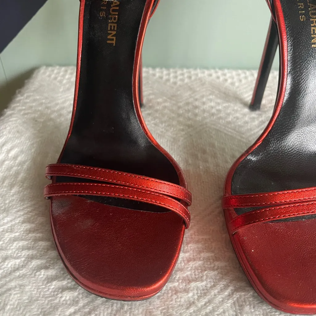 Saint Laurent / YSL Strappy Heeled Sandals, Metallic Rouge Orient, Size 37 - Image 6