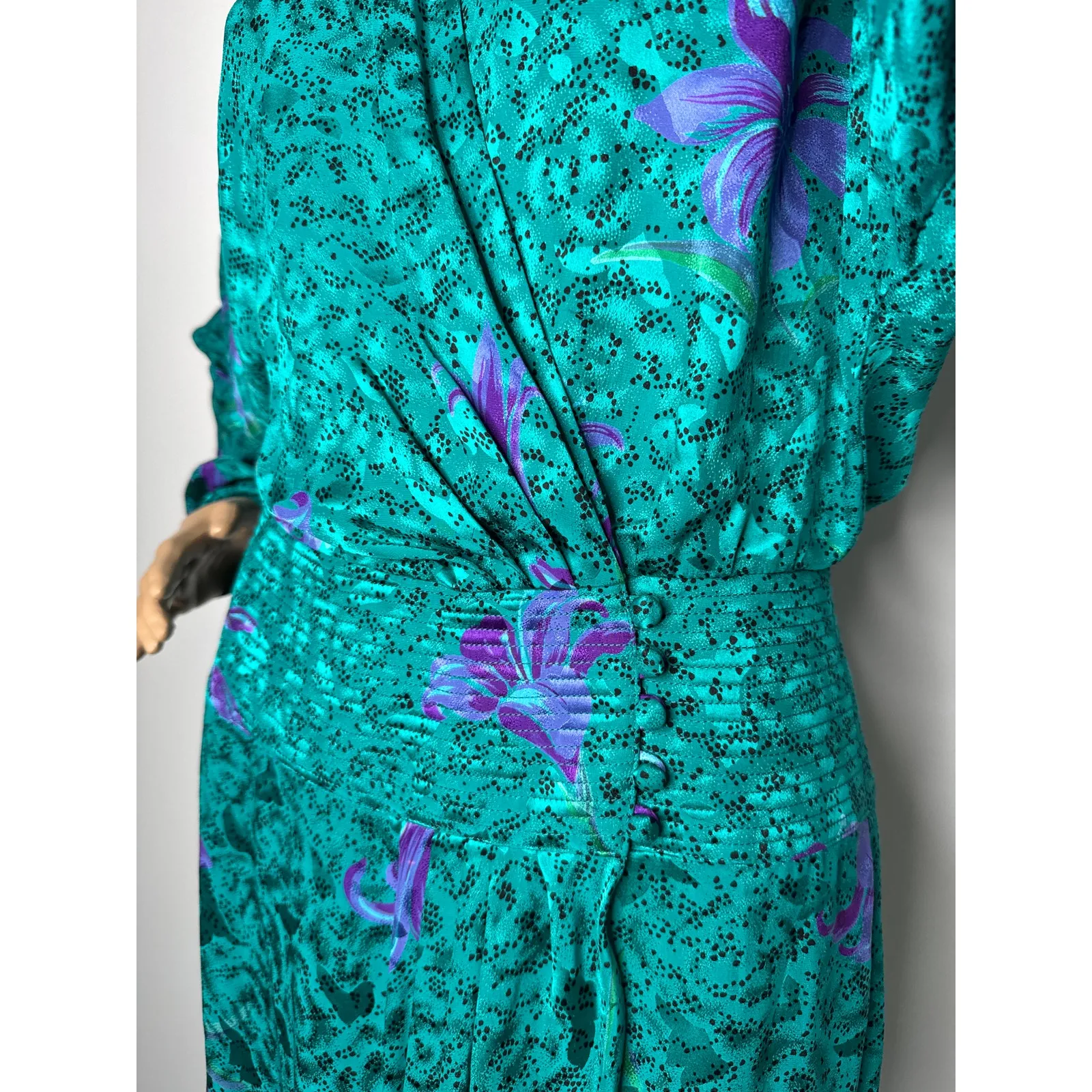 Vintage Maggy London by Jeannene Booher 80s Teal Silk Floral Midi Dress medium - Image 4