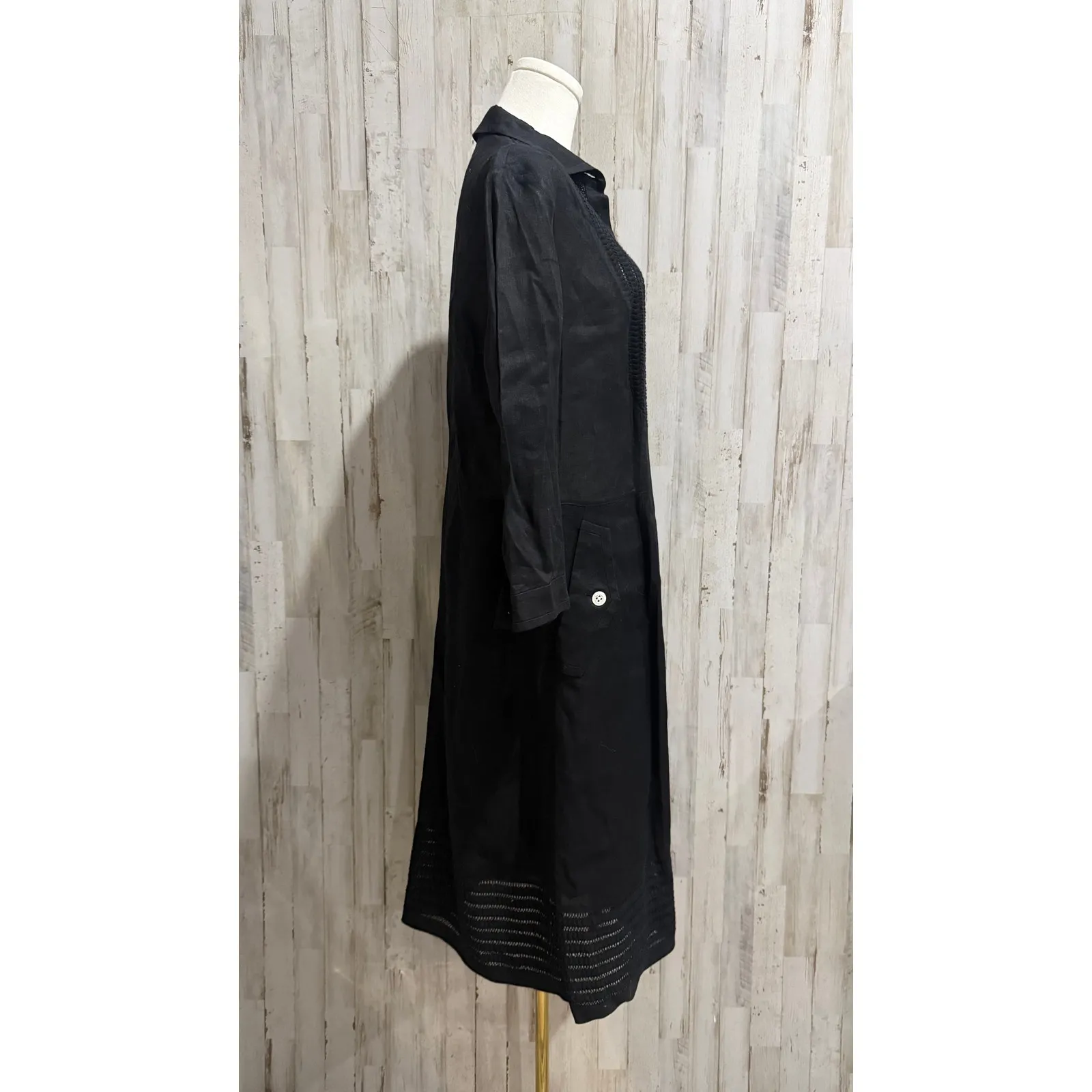 Rena Lange 100% Linen Black Button Front Midi Shirt Dress Size 12 - Image 5