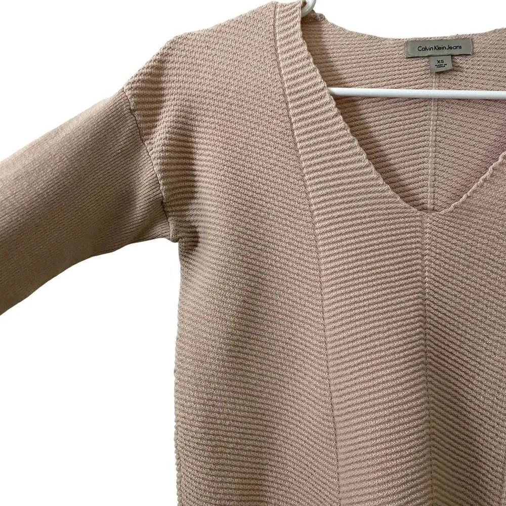 Calvin Klein Jeans tan neutral vneck sweater knit classic design ribbed sleeve - Image 3
