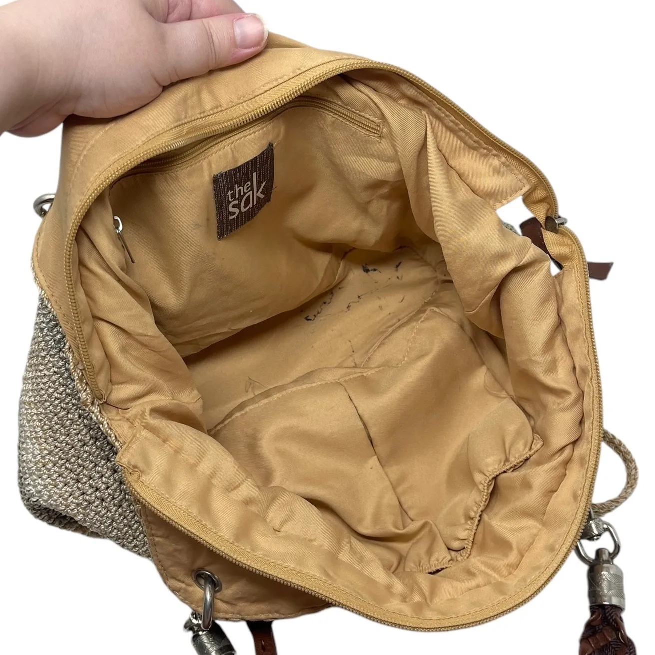 "Indio" Crochet Shoulder Bag Boho Beige Sand Striped Purse Braided Strap - Image 8