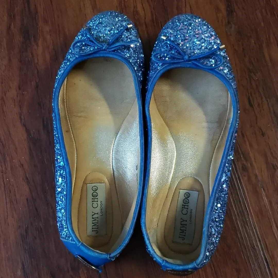 Jimmy Choo Blue Glitter Flats Size 38 - Image 2