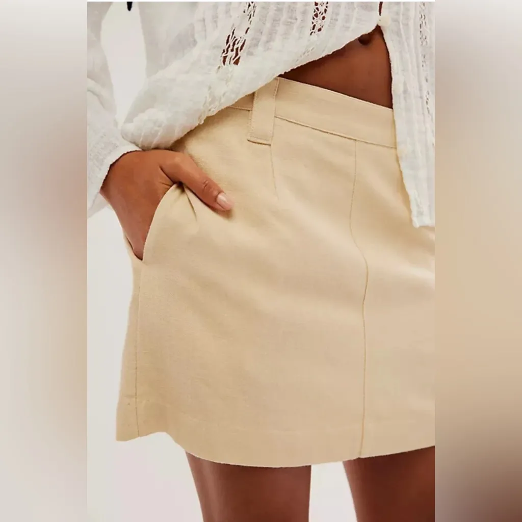 Free People Cant Blame Me Linen Tan Cream Mini Skirt Pockets Belted 10 - Image 2
