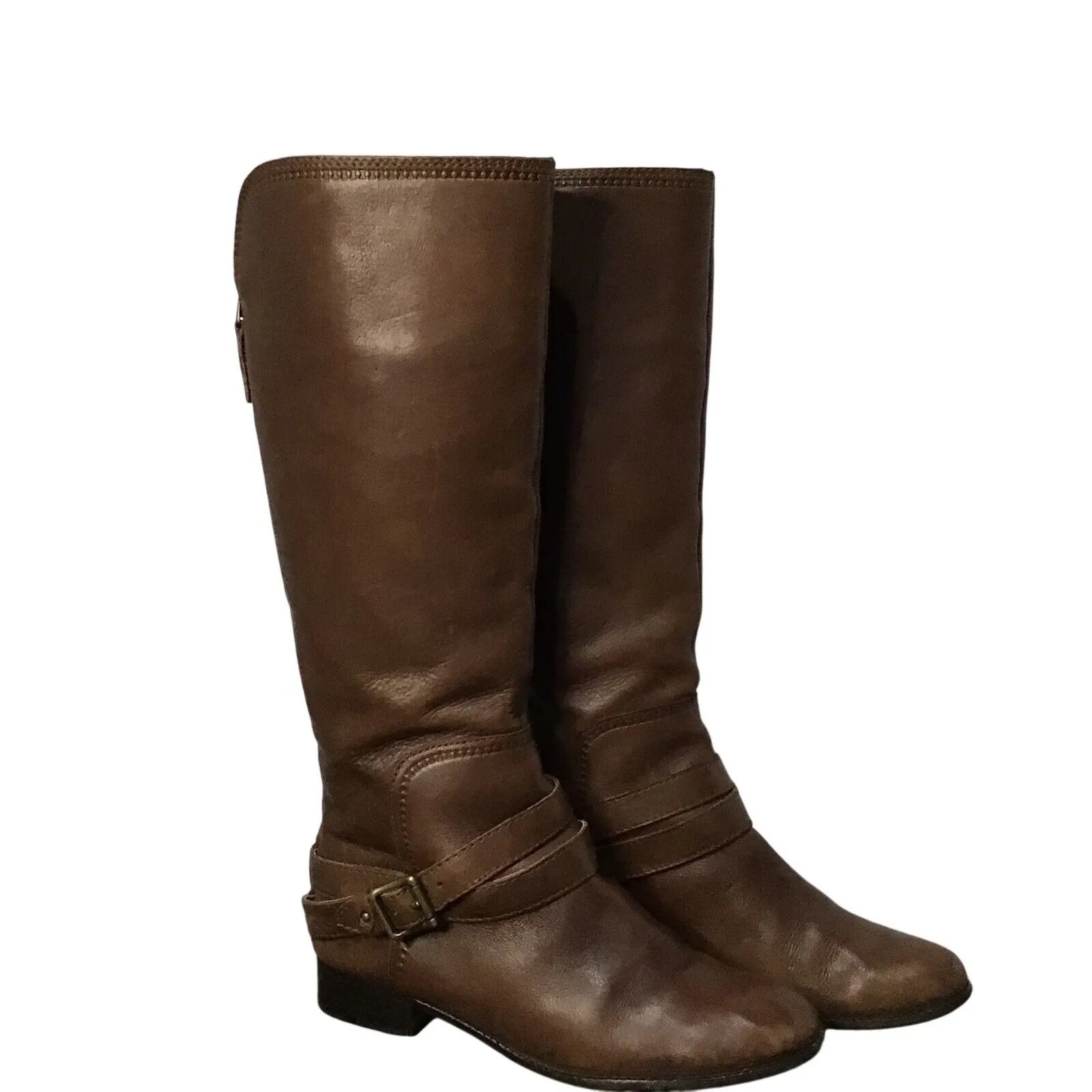Fossil Zena back zipper wide calf Brown Leather Buckle Strap riding boots Sz 9.5 - Image 2