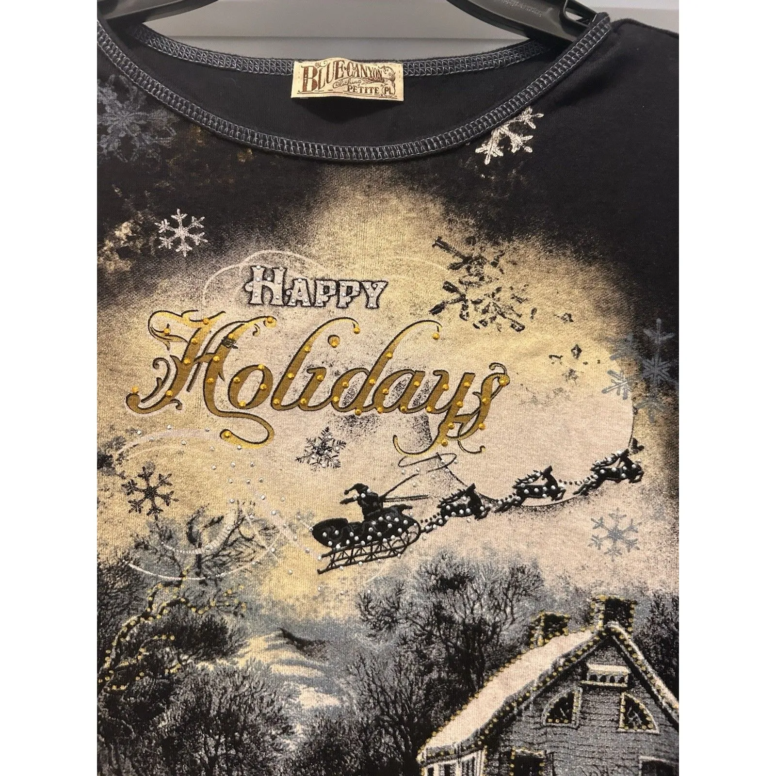 Blue Canyon Top Women Black Happy Holidays Embellish 3/4 Sleeve Large Petite Y2K Size undefined - Image 2