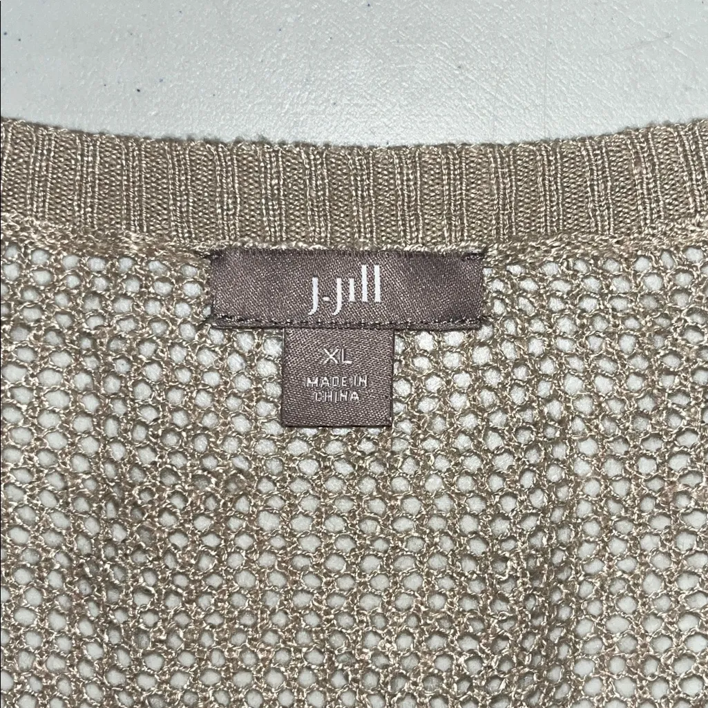 J. Jill Size XL Tan & Black Aztec Linen Blend Open Weave Crochet Knit Top - Image 5
