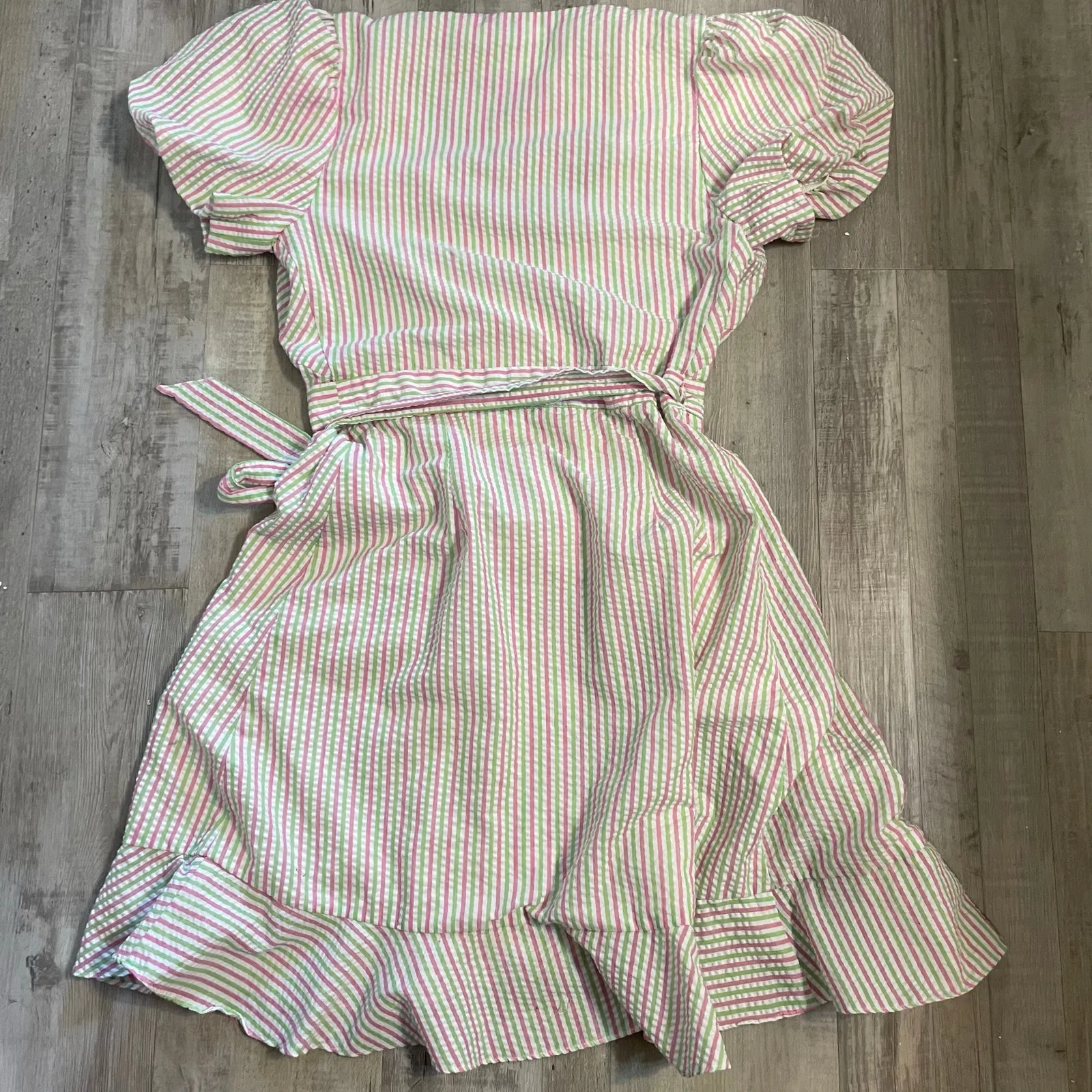 DRAPER JAMES RSVP Puff Sleeve Wrap Dress Ruffled Seersucker Striped Sz medium - Image 16