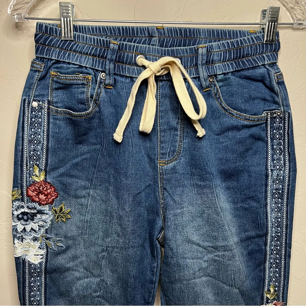 Driftwood  X Free People Floral Embroidered Pull On Drawstring Denim Joggers - Image 3