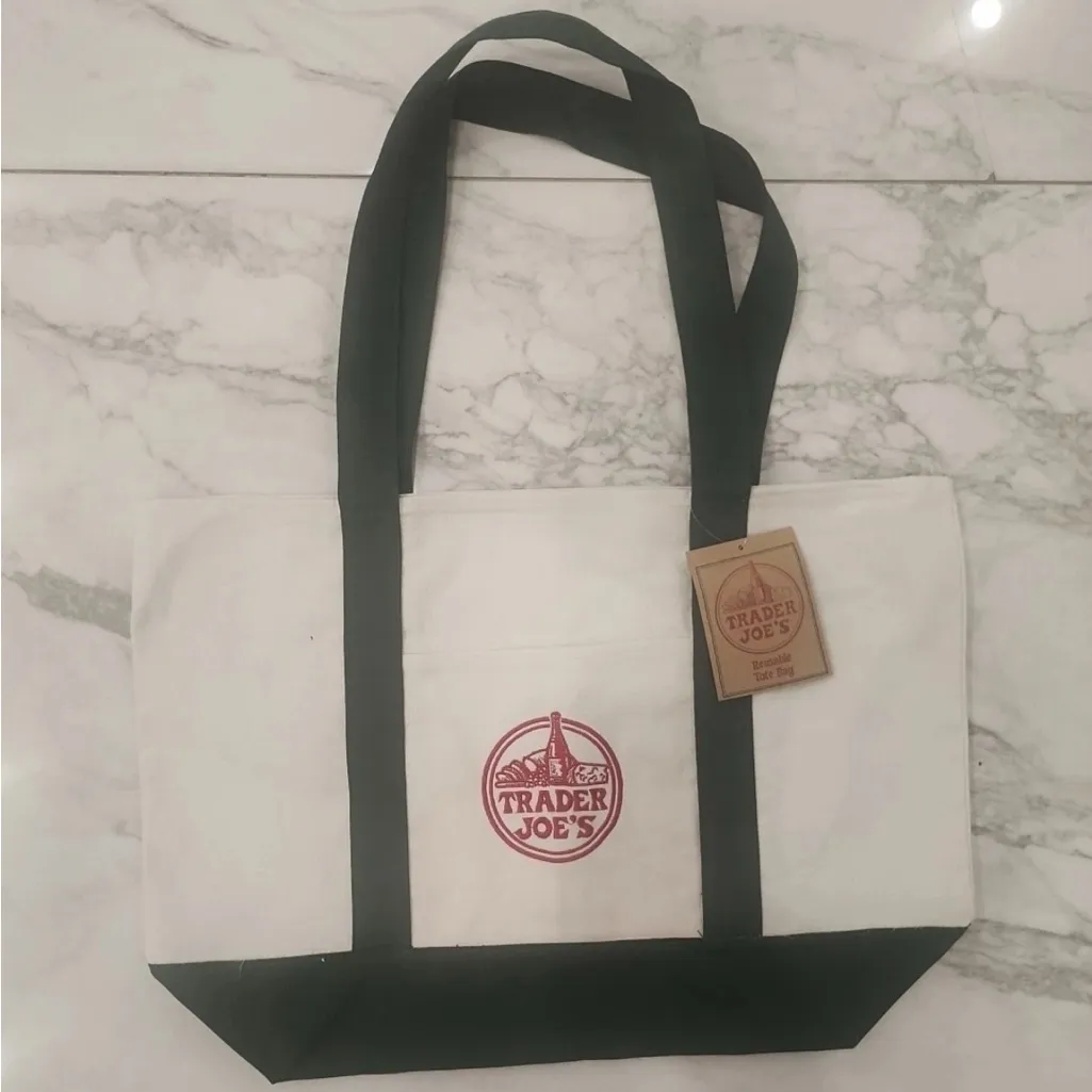 Trader Joe's Large Hunter Green/White Canvas Tote Reusable Bag 20x14x6" NEW White - Image 1