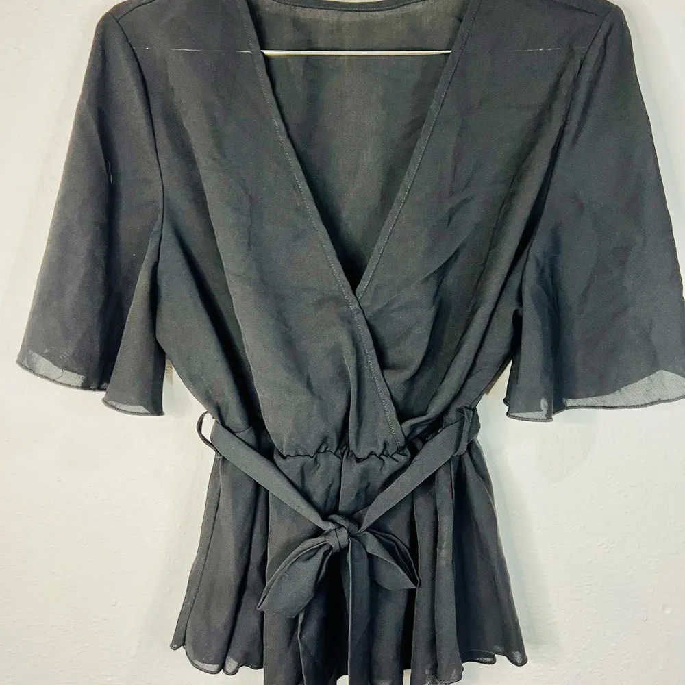 Chic Black Wrap Top with Belted Waist Boho Casual Flowy V - Image 3