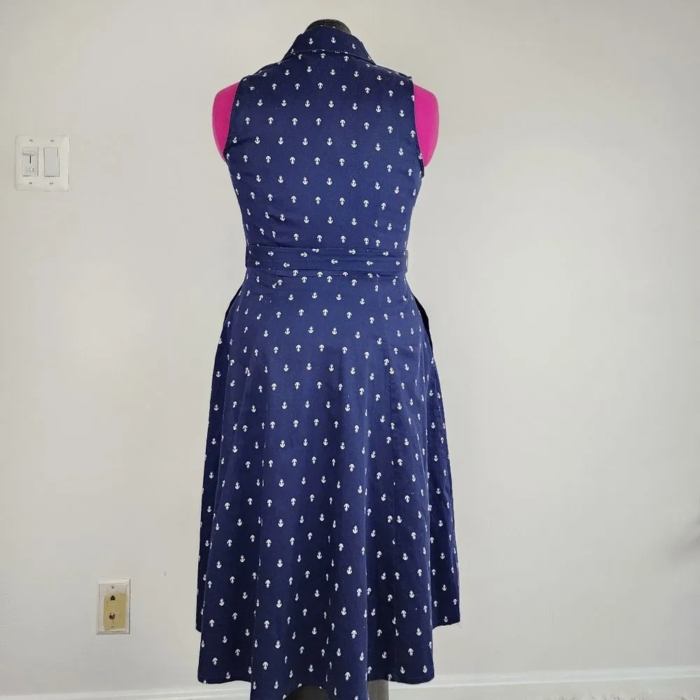 Chetta B Navy Blue Sleeveless Midi Fit & Flare Nautical Dress Pockets Size 6 - Image 3