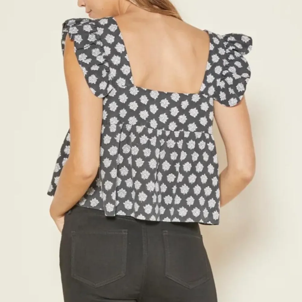 Outerknown Gray Black White Astrid Floral Babydoll Tank Top Waist Crop Small - Image 2