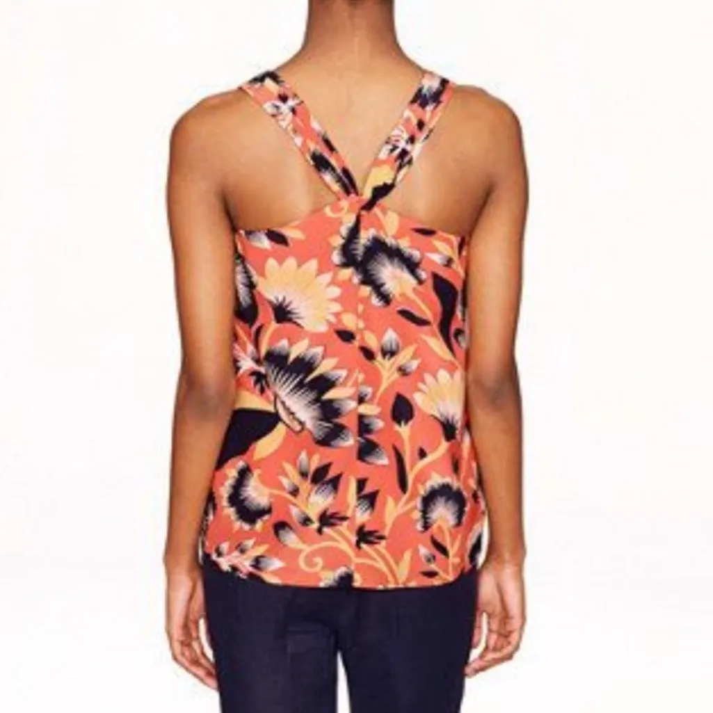 J. Crew Twist Racerback Hibiscus Floral Silk Tank Top Size 2 Coral Orange & Blue - Image 3