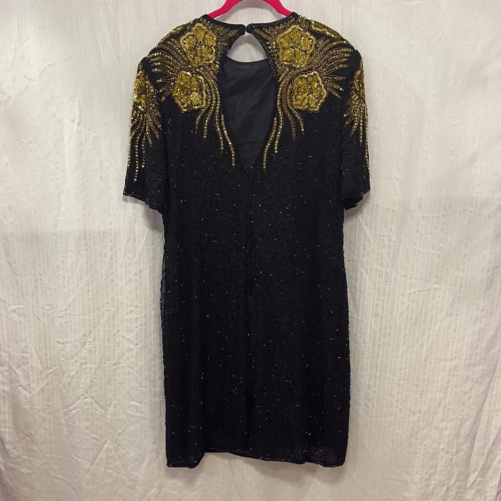 Vintage Fully Beaded Silk Shift Dress Black Size 3X - Image 3