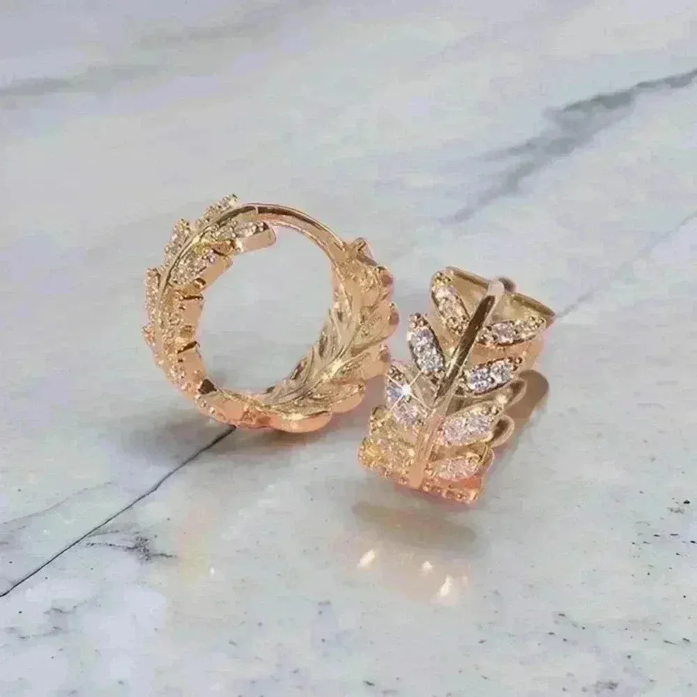 Zircon Olive Branch Leaf Small Hoop Earrings Gold - Image 3