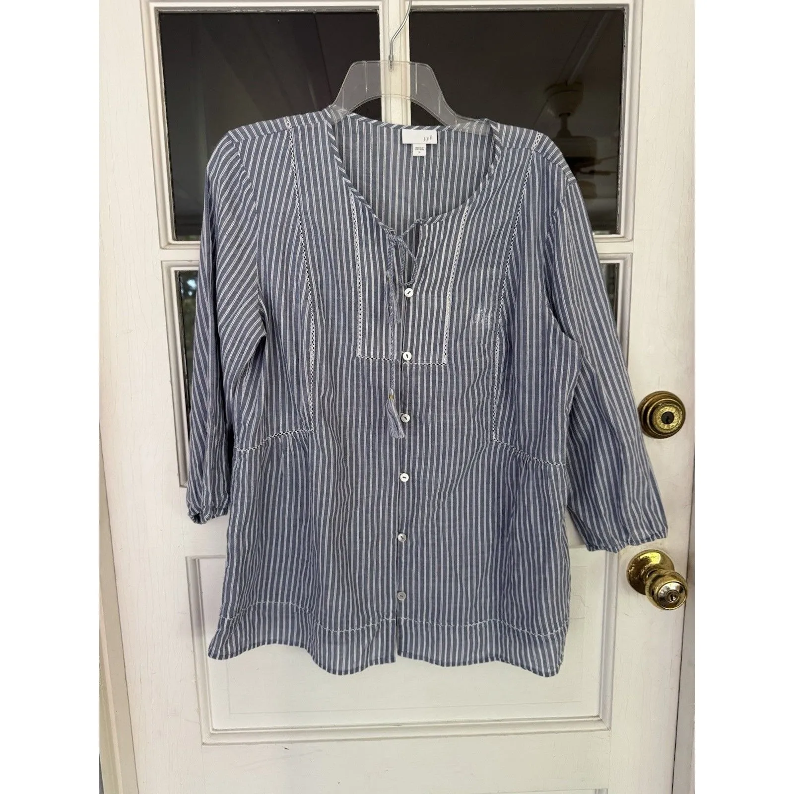 J. Jill Blouse Women’s M Blue Stripe Button Up Balloon Sleeve Top Tassel Cotton Size M - Image 5
