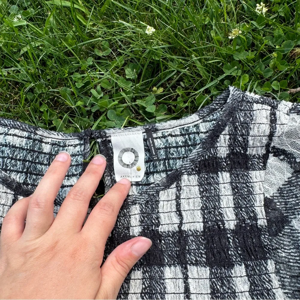 Anthropologie Akemi + Kin Patrizia Lace Plaid Blouse Flare Sleeves - Image 4