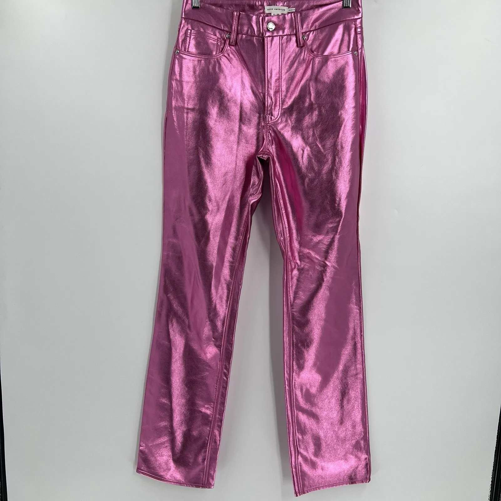 Good American Icon Faux Leather Pants Metallic Pink Straight Leg Women's Size 28 - Image 4