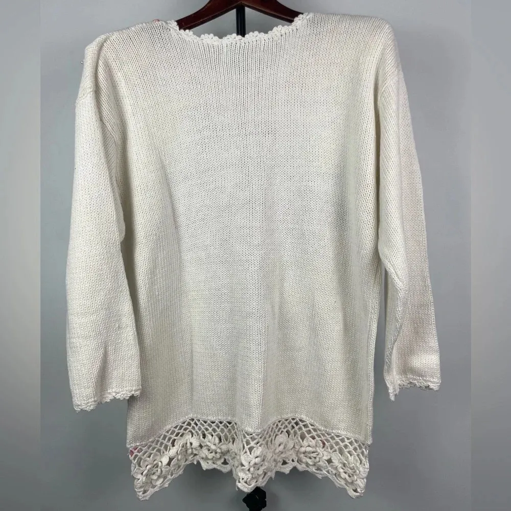 Vintage Colleen Collectibles White Knit Ribbon Floral Planter Pullover Sweater Size M - Image 7
