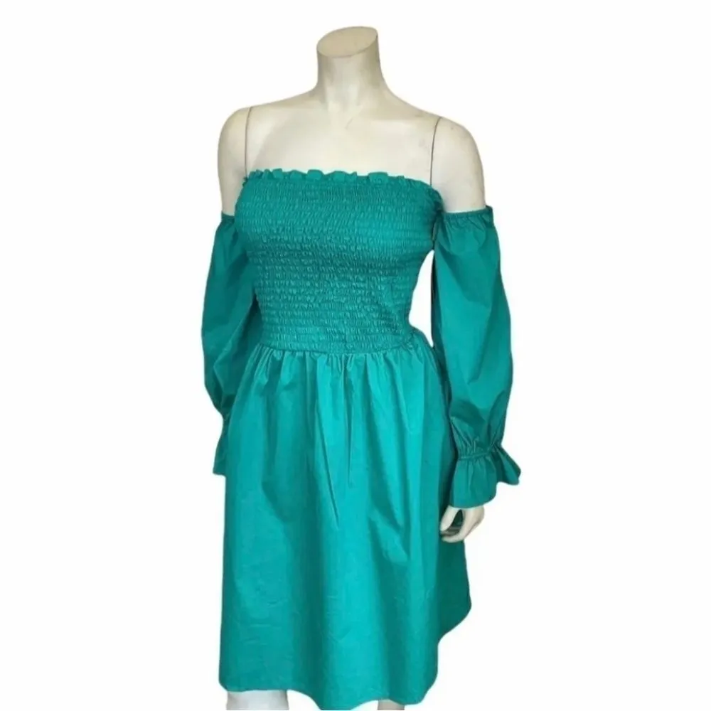 New York Company Women's Aqua Ruched Off Shoulder Knee Length Dress Size Medium - Image 3
