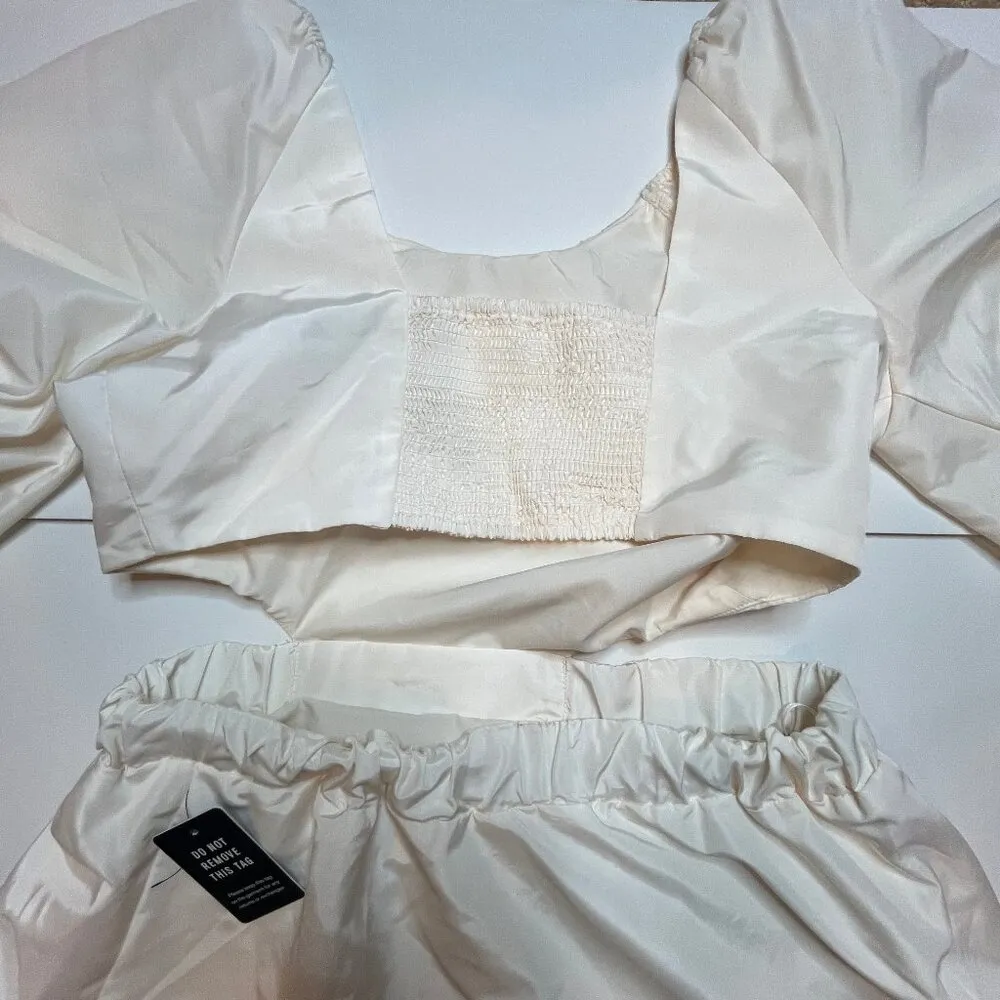 Express Puff Sleeve Cream Pink Cut Out Floral Print Mini Dress Smocked Back SZ M - Image 7