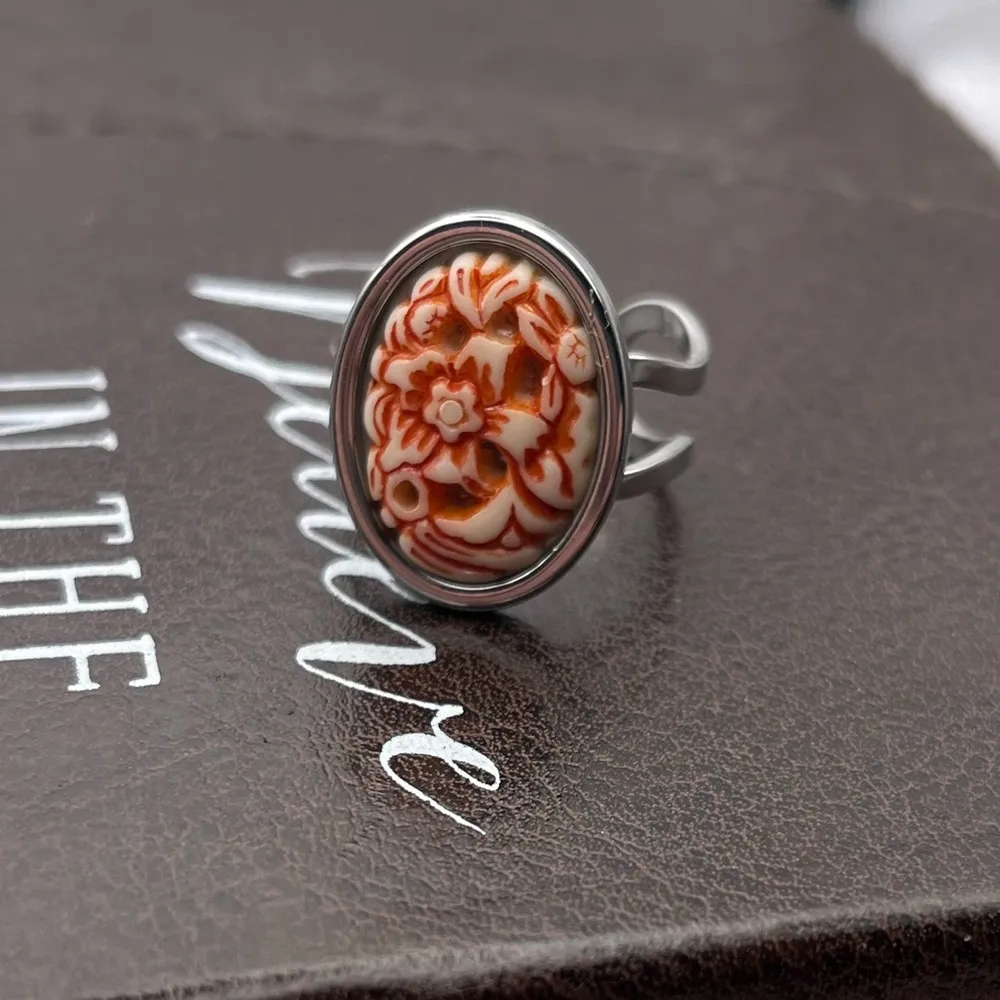Vintage Coral Floral Cabochon Ring | Silver Stainless Steel Adjustable - Image 7
