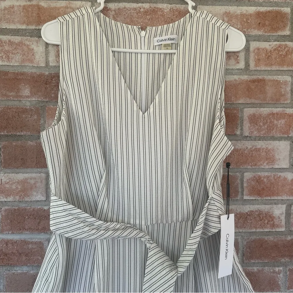 Calvin Klein Wide Leg Jumpsuit NEW Women’s 10 White Black Striped Belted - Image 2