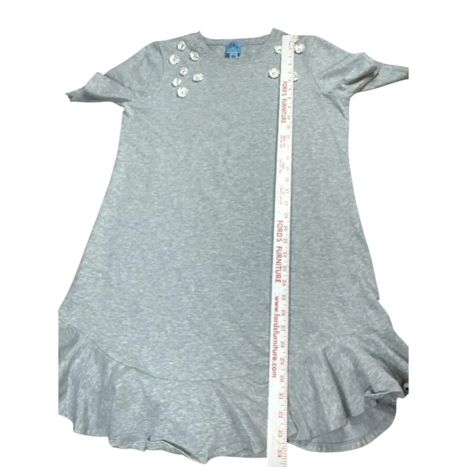 Cece Gray Floral Appliqué T-shirt Dress With Ruffle Medium Crewneck Short Sleeve - Image 7