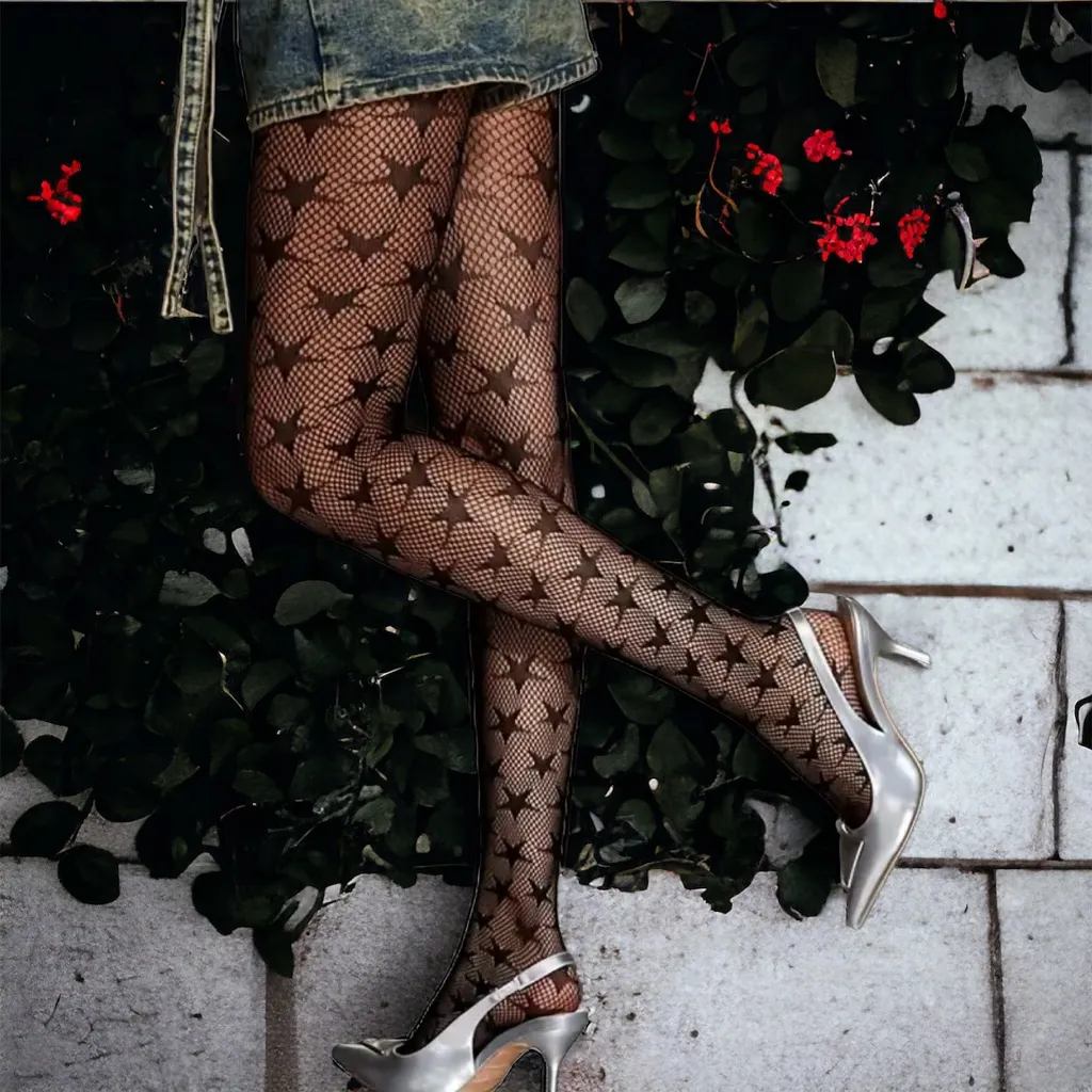 Black Jacquard Fishnet High Waist Footed Tights‎ With Star Pattern One Size - Image 2