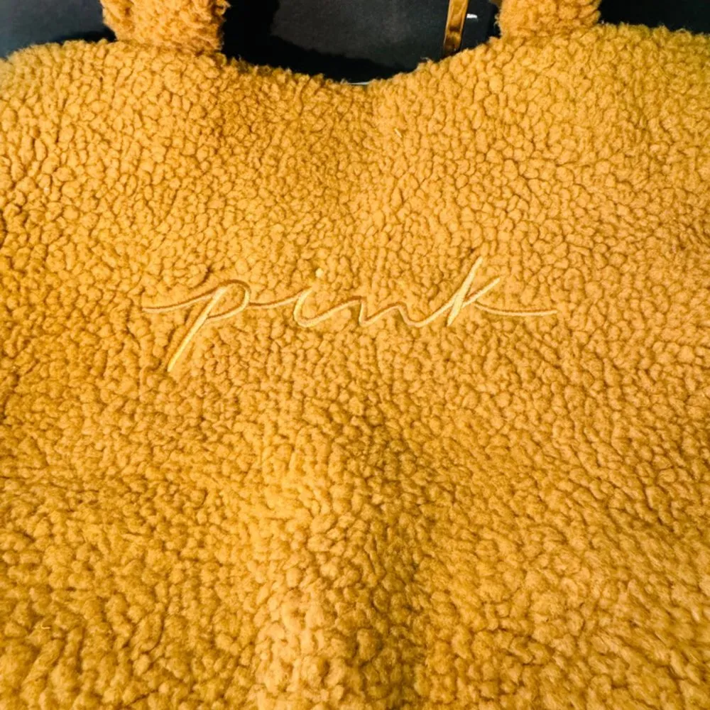 Victoria's Secret VS PINK Plush Sherpa Tote Bag Tan Brown Logo - Image 4