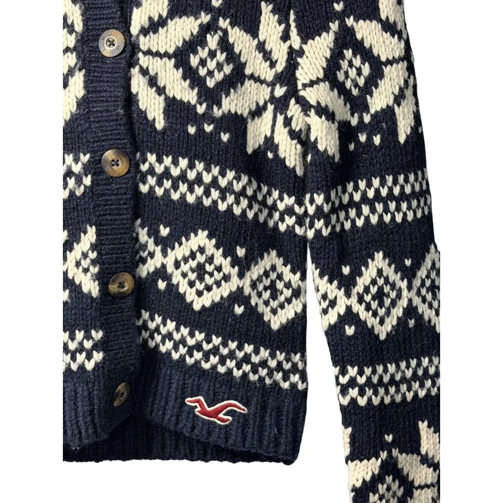 VTG Y2k Hollister XS Navy White Wool Button Up Hoodie Sweater Snow Winter Ski - Image 4