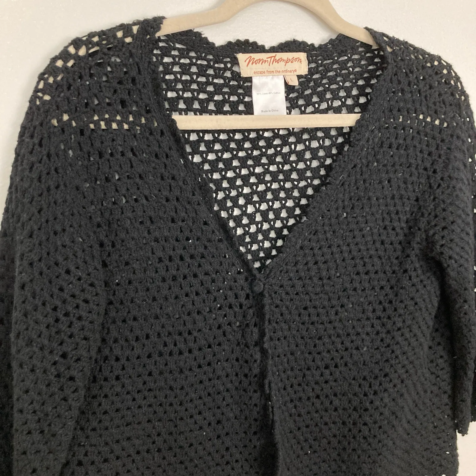 VTG 90s Black Crochet Linen Blend Cardigan Womens L Open Knit Whimsigoth Boho Size L - Image 3