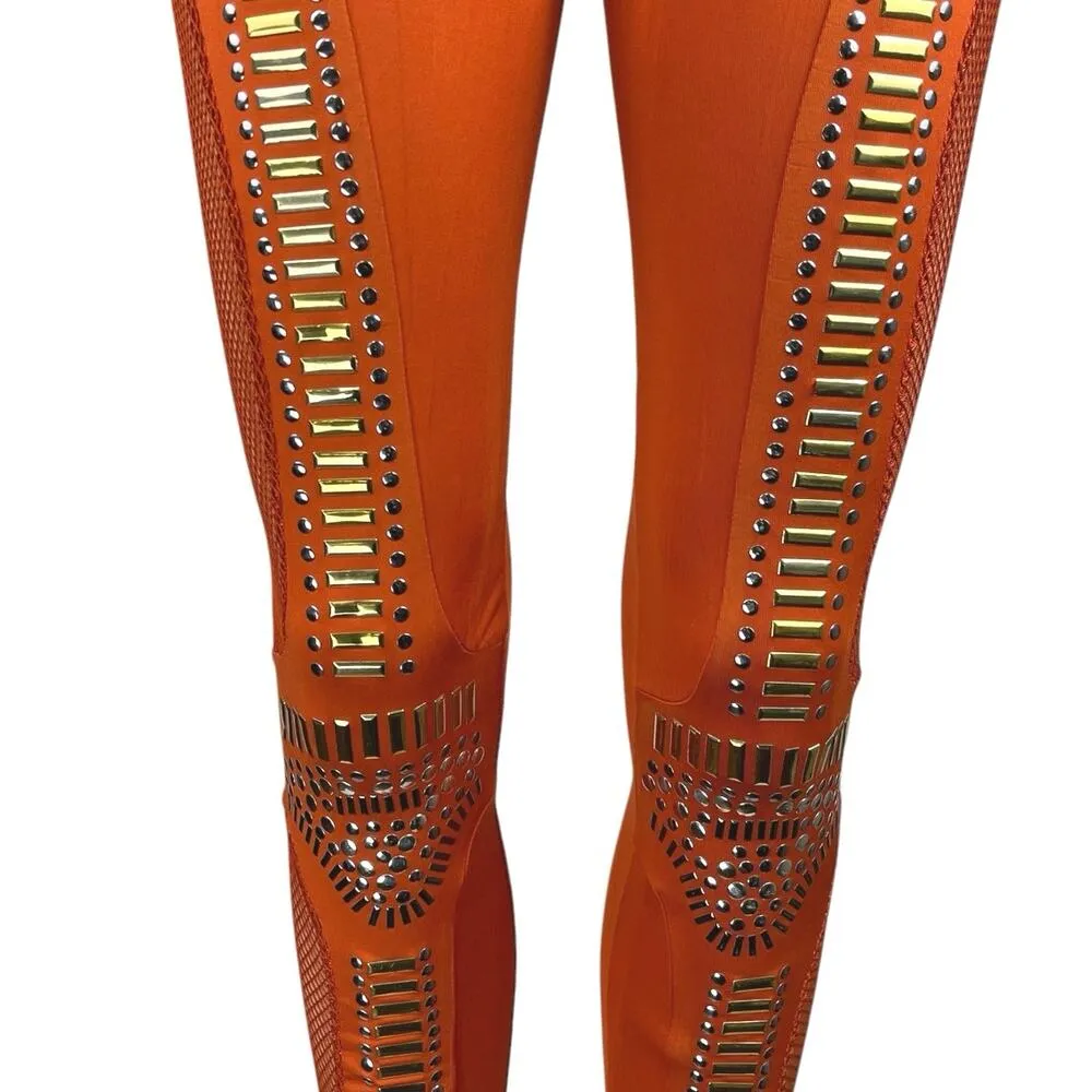 Rehab Orange Studded Fishnet Jeweled Skinny Mid Rise Trousers Leggings Pants L - Image 4